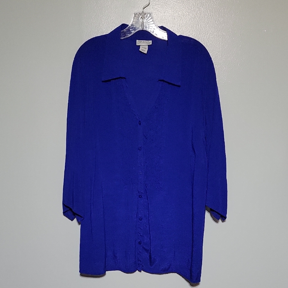 Catherine's Womens Blue Button Front Peasant Top Sz 2x Lagenlook, Flowy, Sheer